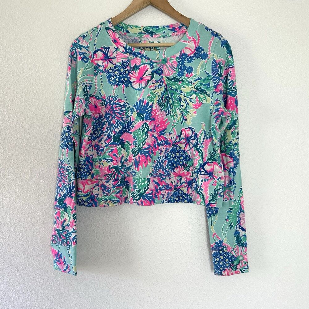 Lilly Pulitzer Luxletic Alex Pullover Sweatshirt Crop Blue Pink Size M